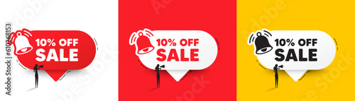 Sale 10 percent off discount. Speech bubbles with bell and woman silhouette. Promotion price offer sign. Retail badge symbol. Sale chat speech message. Woman with megaphone. Vector