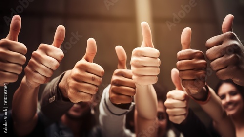 Thumbs up. Group of people thank you, support or teamwork hands for vote, yes or like emoji. Generative AI