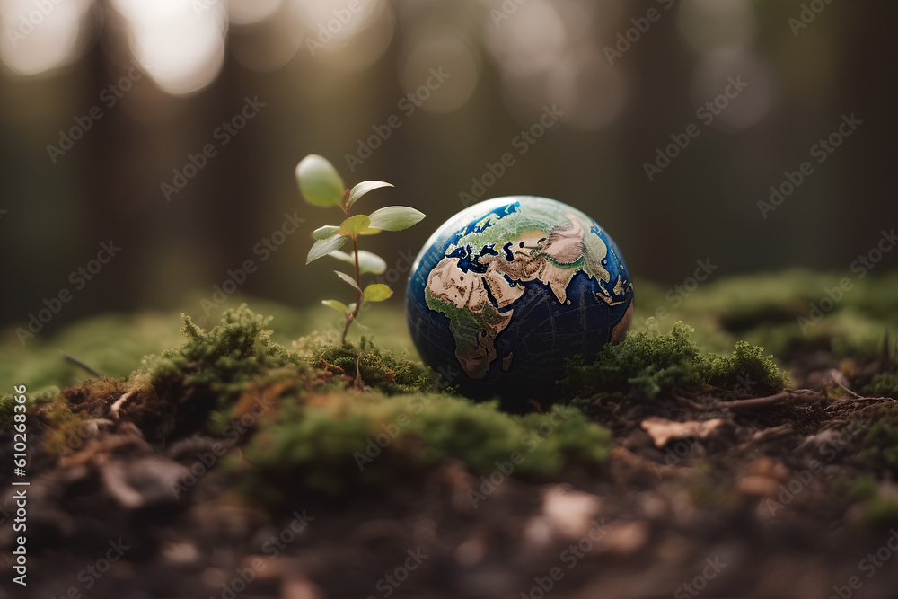 Globe in green plants eco concept earth day and enviroment day. Ai ...