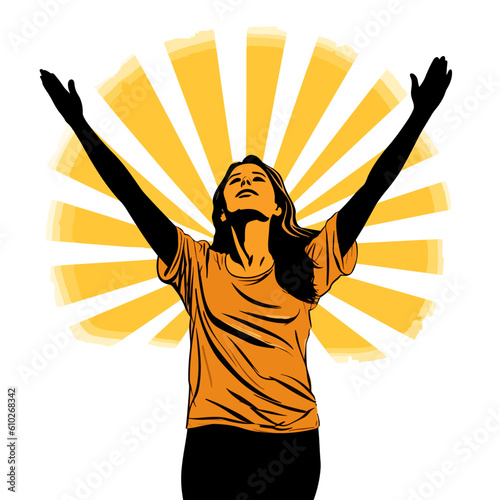 Christian worship woman lifting hands silhouette graph vector illustration