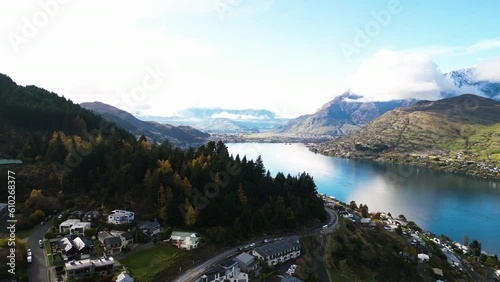 Stunning landscape of Queenstown and Lake Wakatipu, New Zealand. Aerial photo