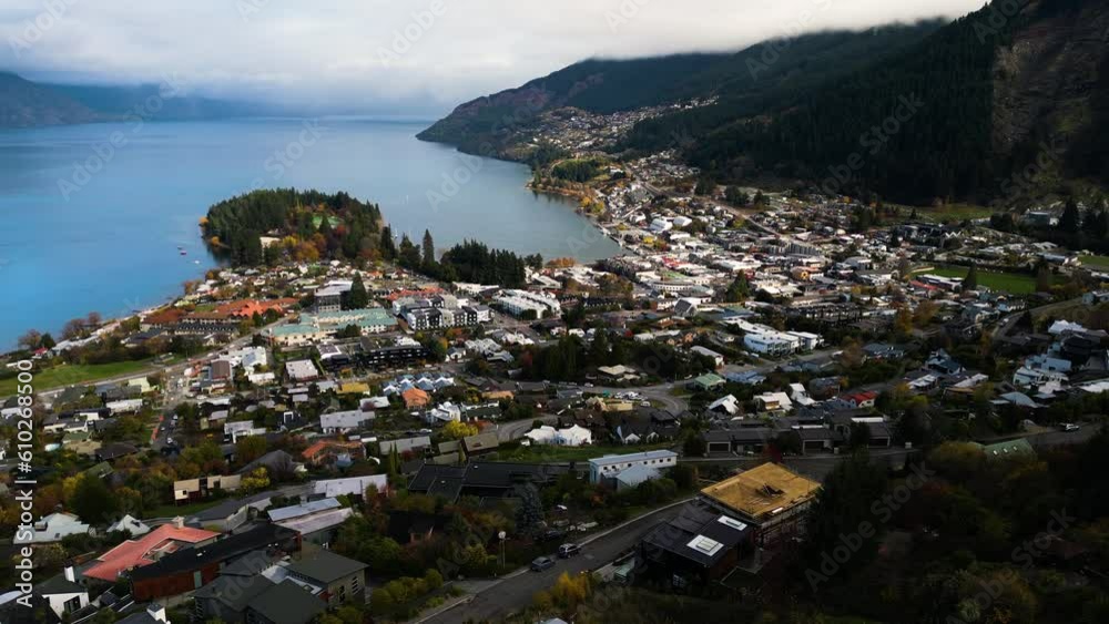 Panorama view of Queenstown and Lake Wakatipu, New Zealand. Aerial pan left Panorama view of Queenstown and Lake Wakatipu, New Zealand. Aerial pan left