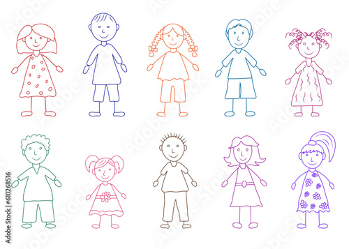 Children in hand drawn style, kid's drawing. Contour of boys and girls. Vector illustration
