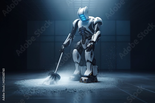 a humanoid robot cleans the apartment. Housewife robot cleaning house. cleaning concept. generative ai,