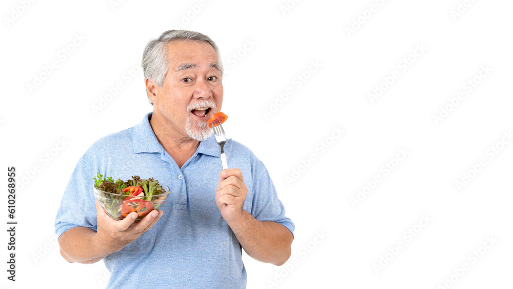 Lifestyle senior man feel happy enjoy eating diet food fresh salad isolated on white background Lifestyle senior man feel happy enjoy eating diet food fresh salad isolated on white background
