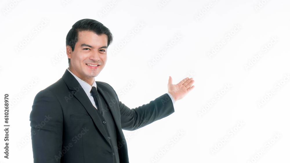 Portrait working Asian business man ware suit with happiness posing his empty hand with copy space , blank space for advertising or product isolated on white background - business concept Portrait working Asian business man ware suit with happiness posing his empty hand with copy space , blank space for advertising or product isolated on white background - business concept