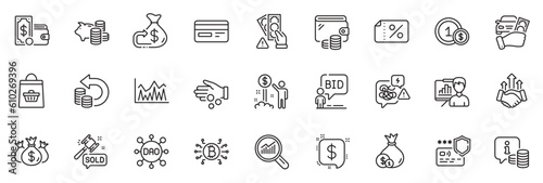 Icons pack as Wallet money, Wallet and Income money line icons for app include Stress, Usd coins, Presentation board outline thin icon web set. Cash back, Auction, Auction hammer pictogram. Vector
