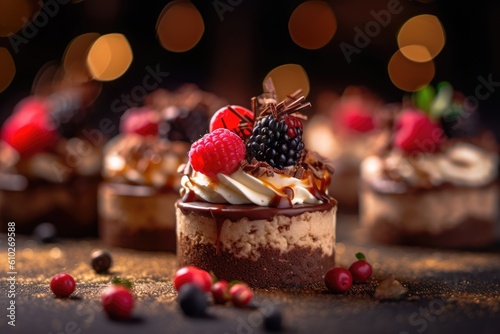 Close up Food Photography of chocolate dessert with berries and bokeh background.