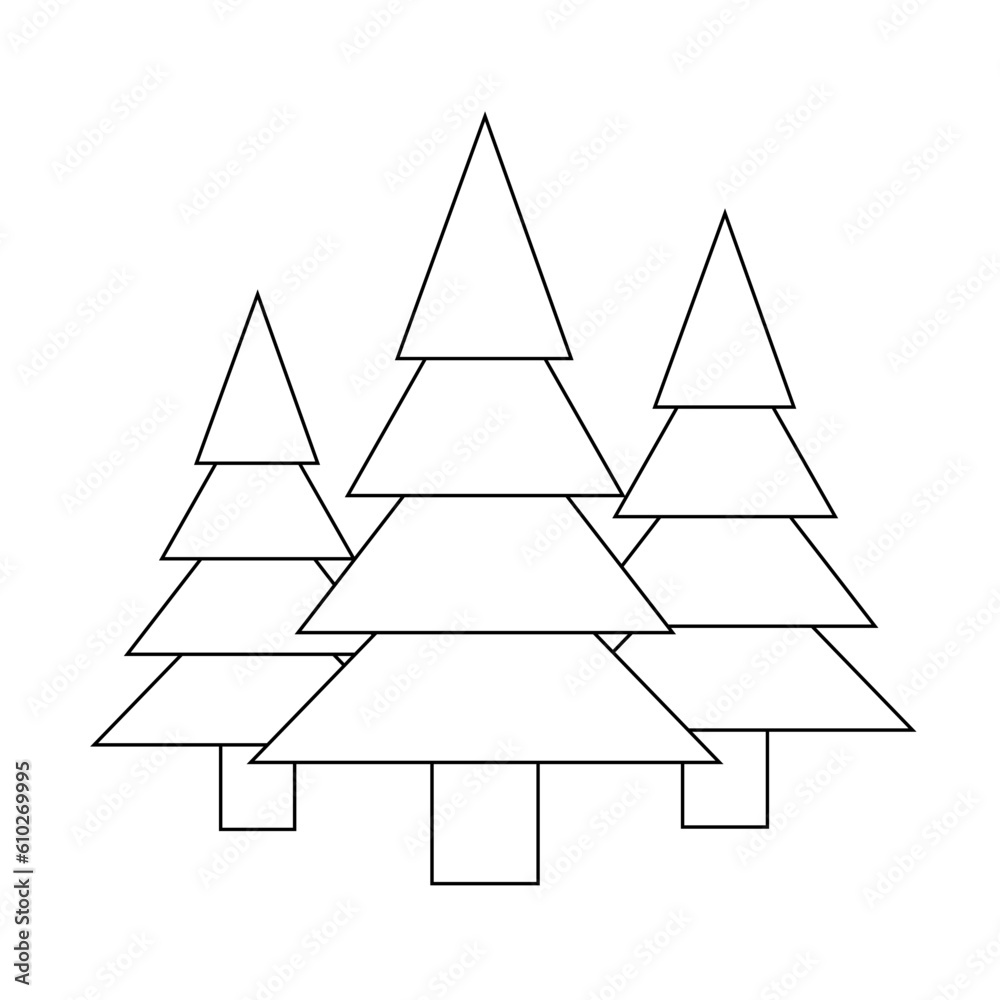 Obraz premium The icon of three Christmas trees of different sizes in a clearing in the forest on a white background.