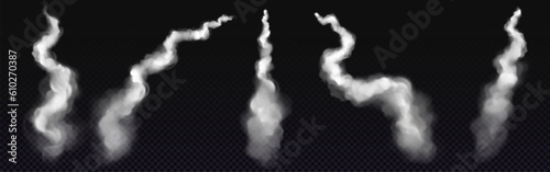 Realistic set of plane condensation trails isolated on transparent background. Vector illustration of curvy smoke lines left by aircraft takeoff, missile launch, rocket flight. Airplane speed effect