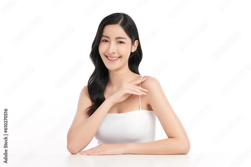 Beautiful young asian woman with clean fresh skin on white background, Face care, Facial treatment, Cosmetology, beauty and spa, Asian women portrait.