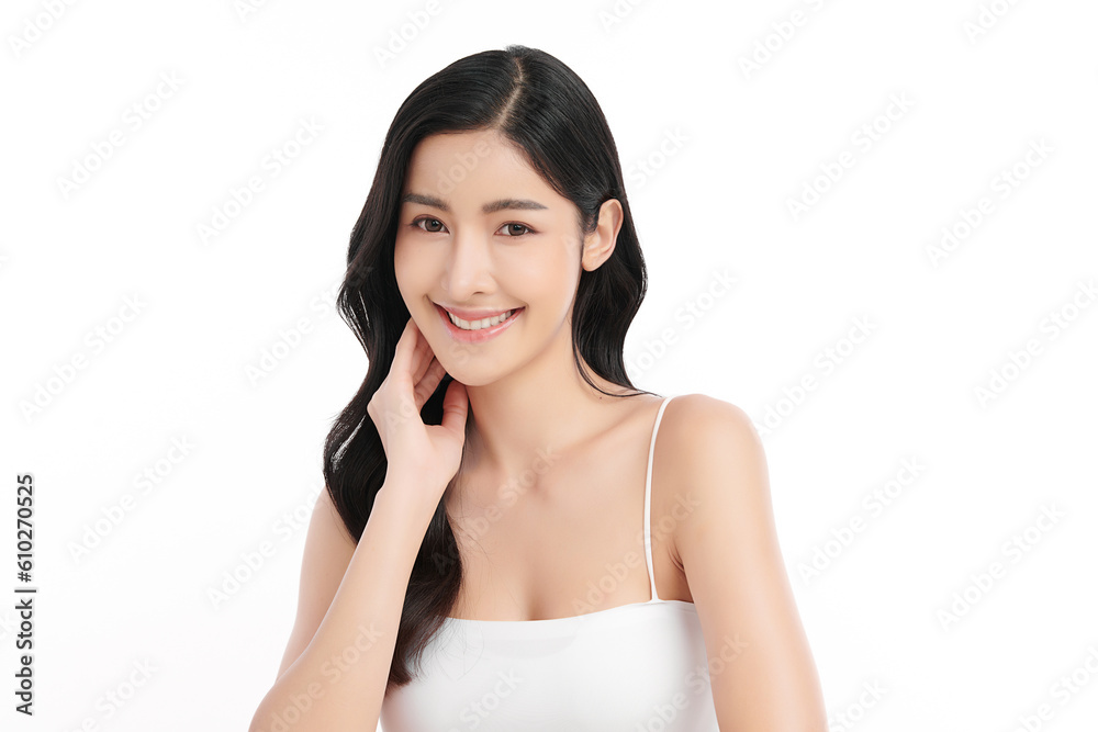 Beautiful young asian woman with clean fresh skin on white background, Face care, Facial treatment, Cosmetology, beauty and spa, Asian women portrait. - obrazy, fototapety, plakaty 