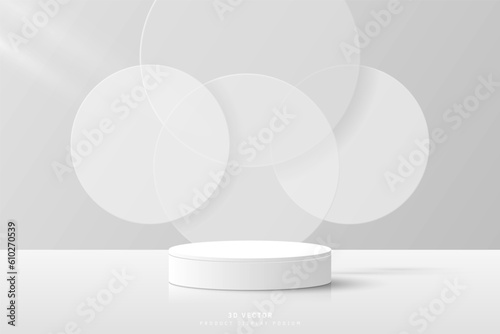 Abstract modern white 3d cylinder podium pedestal or product display stand with circles glass overlap and floating on the air. Minimal scene for show cosmetic or product presentation. 3d vector.