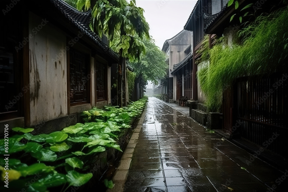 wet street green view of village . Generative Ai