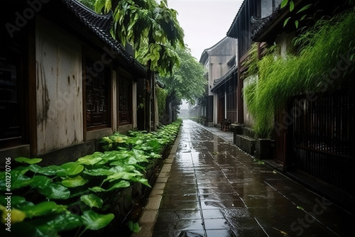 wet street green view of village . Generative Ai