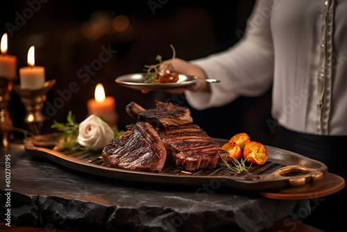 Waitress serving meat dish in fine dinning restaurant. Generative AI