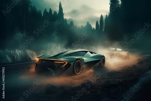 futuristic natural environment and sport cars are drifting with smoke coming out from the tires  sports car. Generative Ai