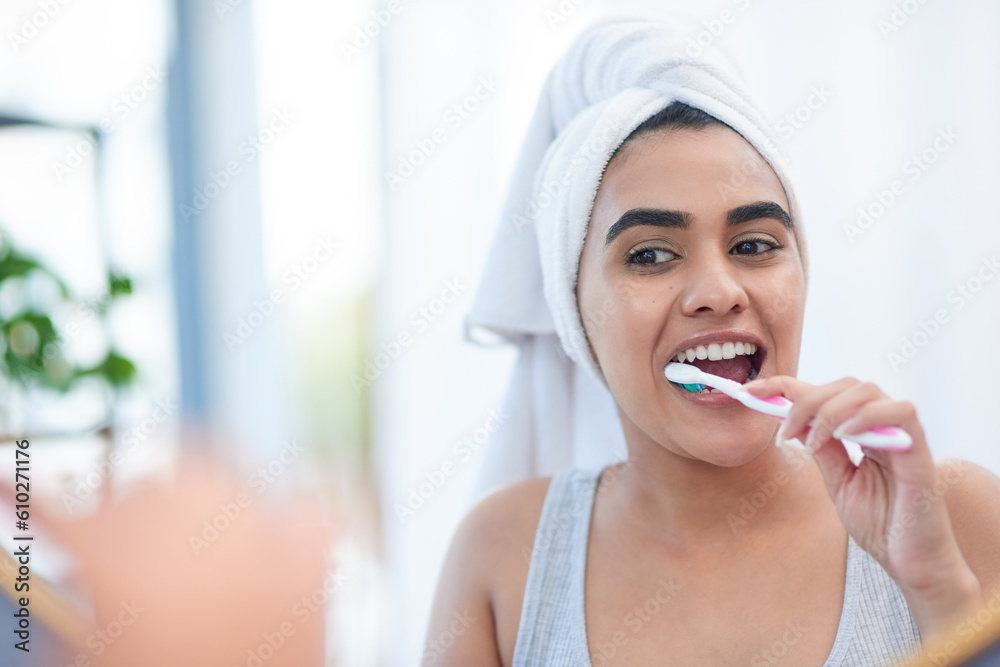 Toothpaste, woman and toothbrush for cleaning teeth, dental health or morning shower in bathroom. Girl, face in mirror and washing mouth with tooth brush, hygiene and smile for health and wellness Toothpaste, woman and toothbrush for cleaning teeth, dental health or morning shower in bathroom. Girl, face in mirror and washing mouth with tooth brush, hygiene and smile for health and wellness