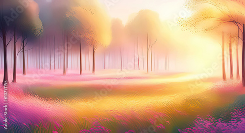Beautiful abstract summer meadow with small flowers, light and tree with copy space digital painting generative ai illustration