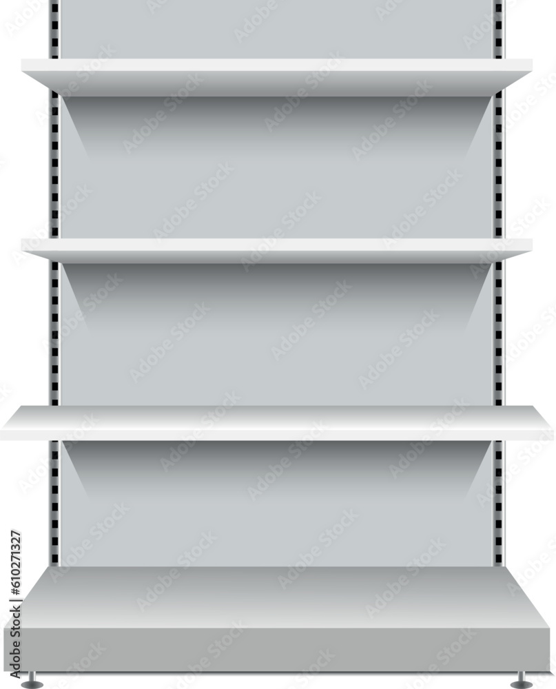 Empty store shelves mockup with blank retail shelfs, wide supermarket