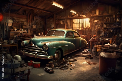 Abstract Old Vintage Car Repair or Restoration Artwork Generative AI © LayerAce.com