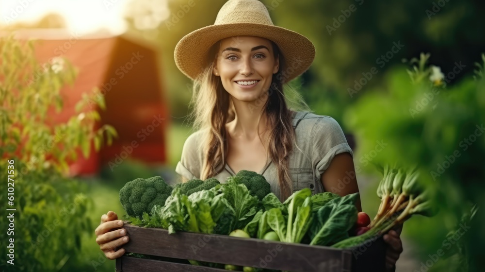 Farmer, agriculture and portrait of woman with box on farm after harvest of summer vegetables. Generative AI
