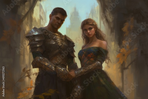 Medieval couple holding hands. Beautiful illustration picture. Generative AI