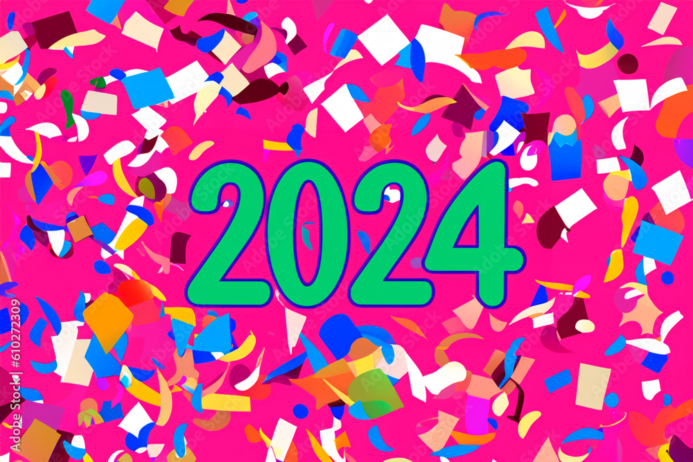 2024. New Year, 2024. Numbers on a background of confetti. Horizontal