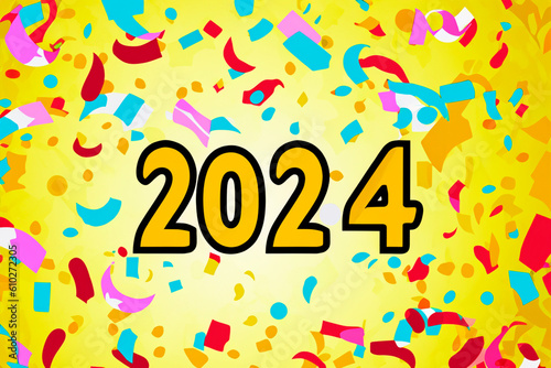 2024. New Year, 2024. Numbers on a background of confetti. Horizontal design. Happy New Year 2024.