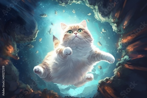 Gigantic cat is flying in the sky with clouds. Beautiful illustration picture. Generative AI © standret
