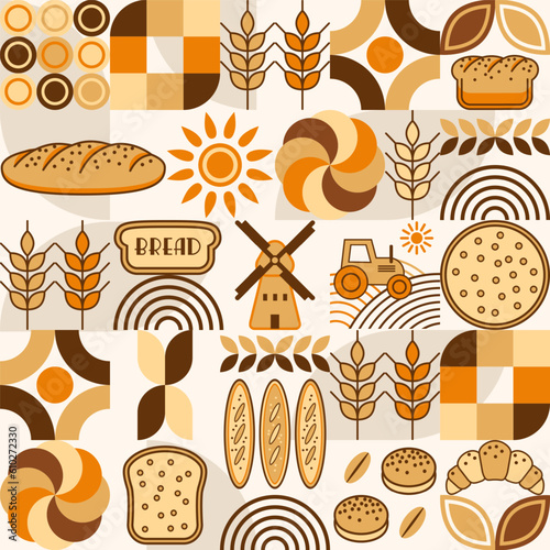 Bread, bakery theme background with icons, design elements in simple geometric style Seamless pattern with abstract shapes Good for branding, decoration of food package, cover design, decorative print