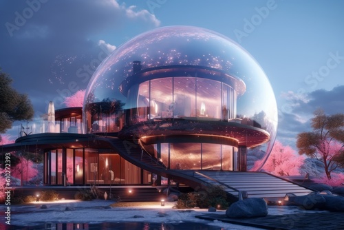 Home is built in a huge soap bubble. Beautiful illustration picture. Generative AI