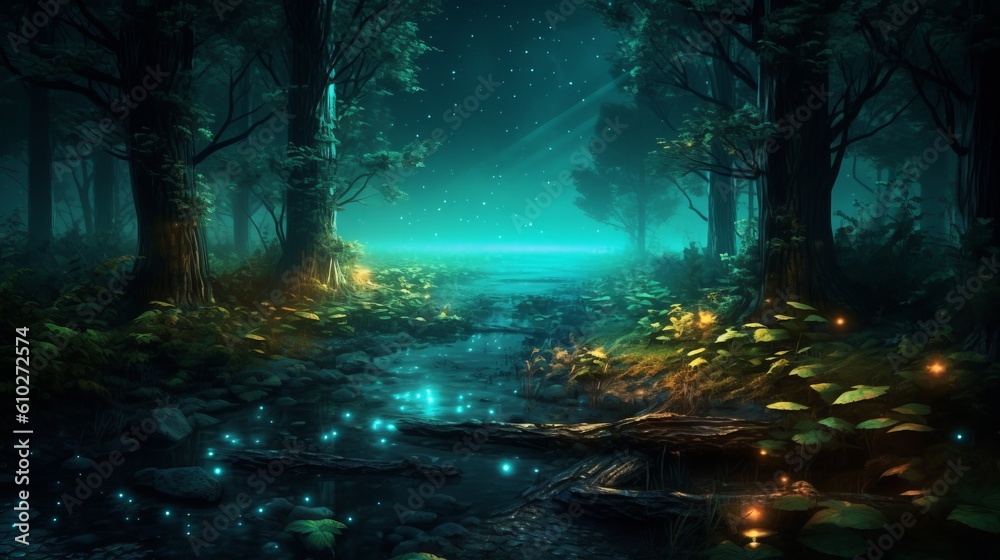 Mesmerizing moonlit forest. Beautiful illustration picture. Generative AI