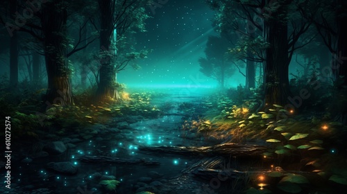 Mesmerizing moonlit forest. Beautiful illustration picture. Generative AI © standret