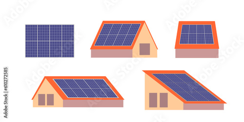Pv panels on different roofs vector isolated on white background.