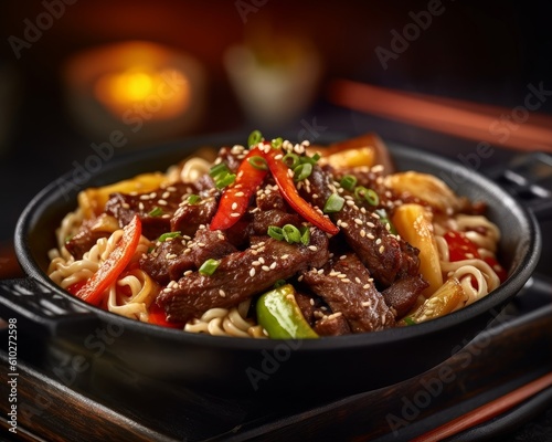 Udon noodles stir-fried with meat, vegetables, and spices, garnished with sesame seeds