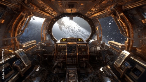 Steampunk space ship, cockpit view. Beautiful illustration picture. Generative AI