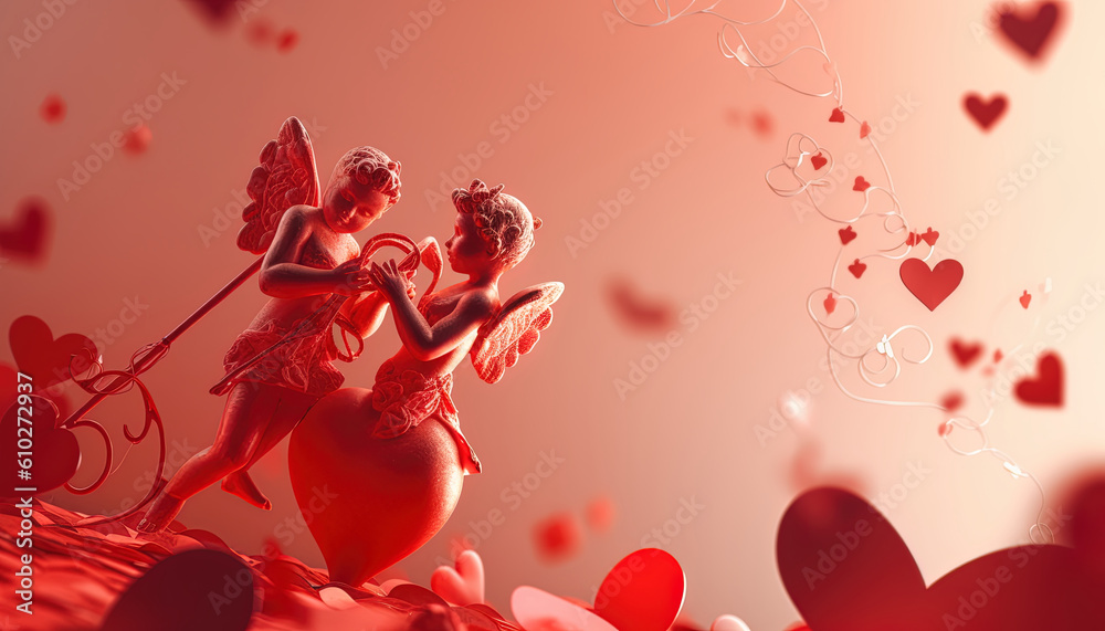 Obraz premium Close-up with Cupid and his partner, red hearts and blurred background. Generative AI