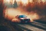 car drifting with red smoke coming out of the tyres in a natural environment, in a forest surrounded by trees. Generative Ai