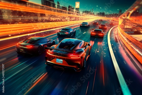 futuristic visualization of the a track with sports cars racing each other, future cars. Generative Ai