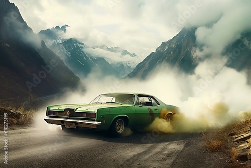 sports car drifting with green smoke coming out of the tyres, mountains background. Generative Ai