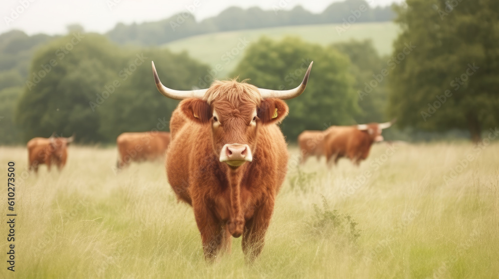 brown cows grazing. livestock. generative ai brown cows grazing. livestock. generative ai