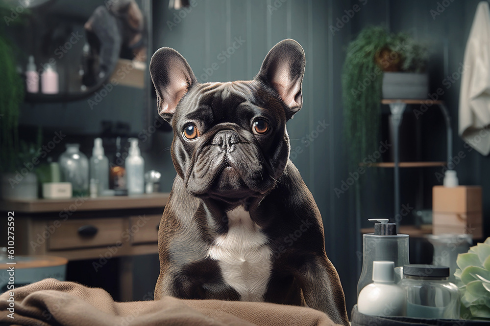 Dog grooming. Professional care for a dogs in the beauty groomer salon. Pet grooming concept.Dog relaxing at spa. Caring for little friends. Dog spa. generative AI. 