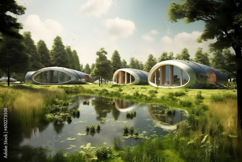 Future rural architecture design with eco friendly environment. Generative Ai