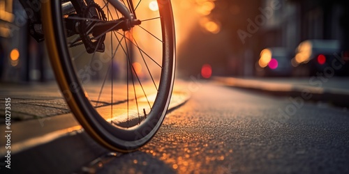 Close up view of bike that is on the street. Beautiful illustration picture. Generative AI