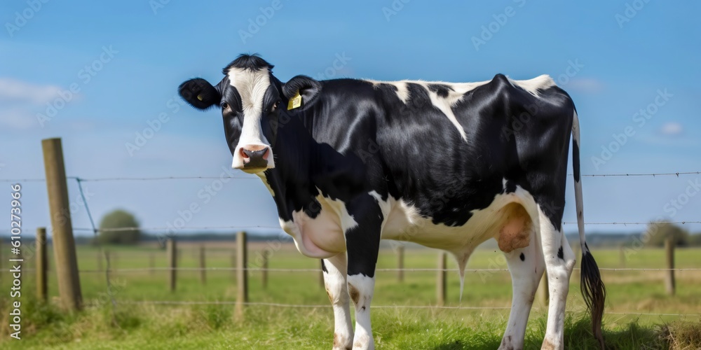 Holstein Cow in a grassy field with the nice bluesky view Holstein Cow in a grassy field with the nice bluesky view