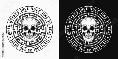 Label with human skull, labyrinth, text. Concept of mental health, wellness, expanded mind, psychic abilities. Mystical surreal illustration. For prints, clothing, t shirt, textile, surface design