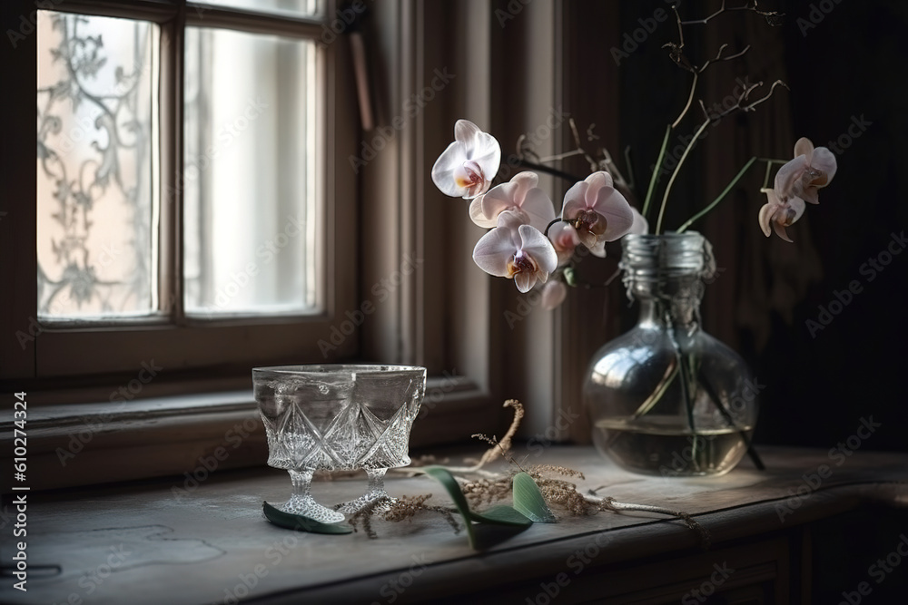 flowers in a window. Generative Ai flowers in a window. Generative Ai