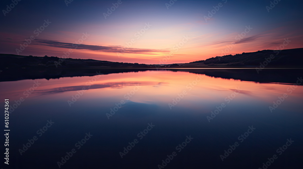 lake reflecting the vibrant colors of a stunning sunset, minimalist night landscape wallpaper, AI 