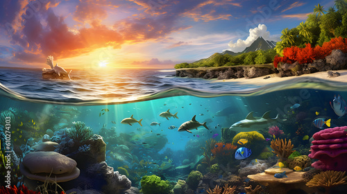 Fototapeta Naklejka Na Ścianę i Meble -  the captivating beauty of the underwater world, with vibrant coral reefs, exotic fish swimming through crystal-clear turquoise waters, and rays of sunlight creating a mesmerizing play of colors and sh